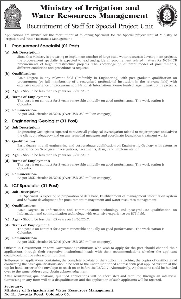 Procurement Specialist, Engineering Geologist, ICT Specialist - Ministry of Irrigation & Water Resources Management